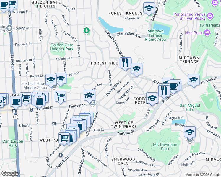 map of restaurants, bars, coffee shops, grocery stores, and more near 120 Pacheco Street in San Francisco
