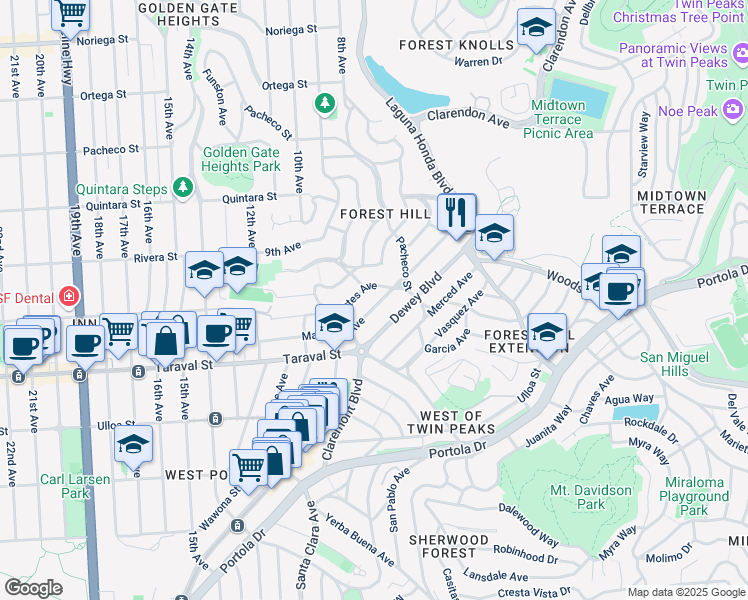 map of restaurants, bars, coffee shops, grocery stores, and more near 34 Dorantes Avenue in San Francisco