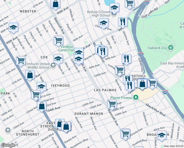 map of restaurants, bars, coffee shops, grocery stores, and more near 9953 Dante Avenue in Oakland