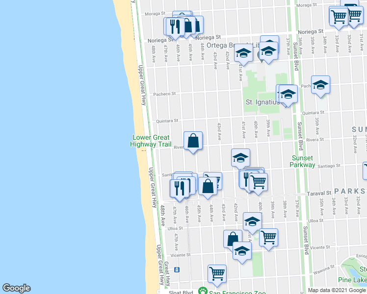 map of restaurants, bars, coffee shops, grocery stores, and more near 46th Avenue & Rivera Street in San Francisco