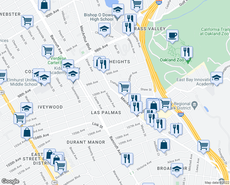 map of restaurants, bars, coffee shops, grocery stores, and more near 10065 MacArthur Boulevard in Oakland