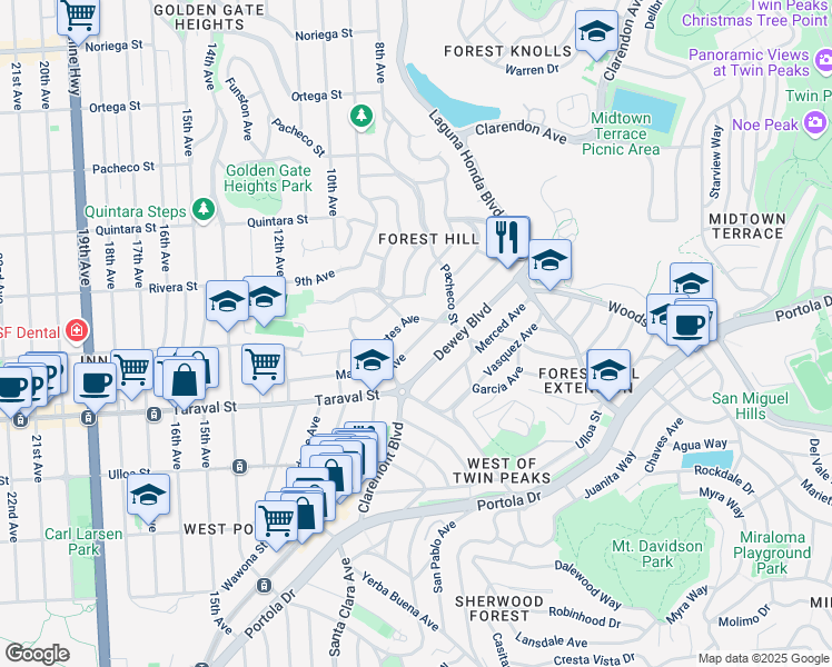 map of restaurants, bars, coffee shops, grocery stores, and more near 34 Dorantes Avenue in San Francisco