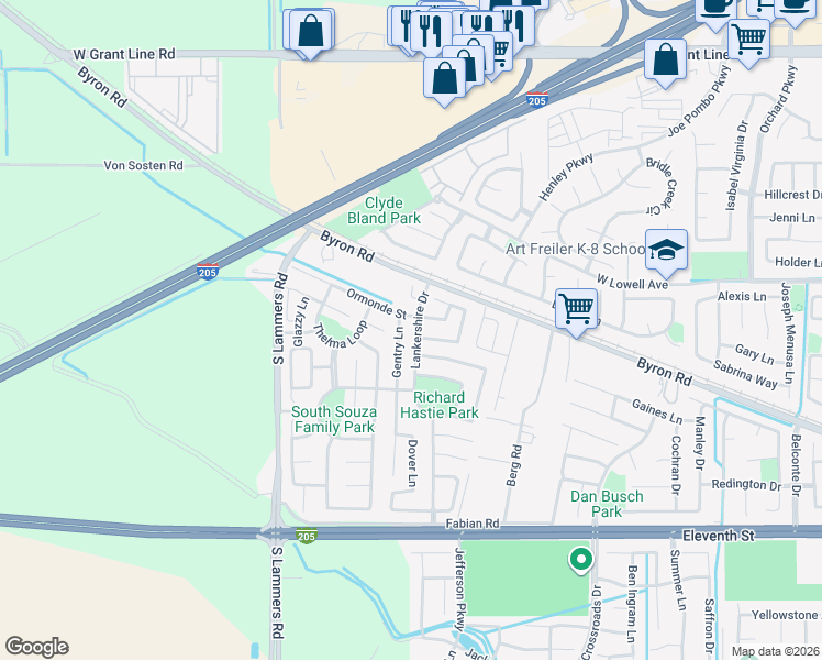 map of restaurants, bars, coffee shops, grocery stores, and more near 1575 Lankershire Drive in Tracy