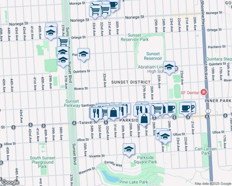 map of restaurants, bars, coffee shops, grocery stores, and more near 2183 30th Avenue in San Francisco