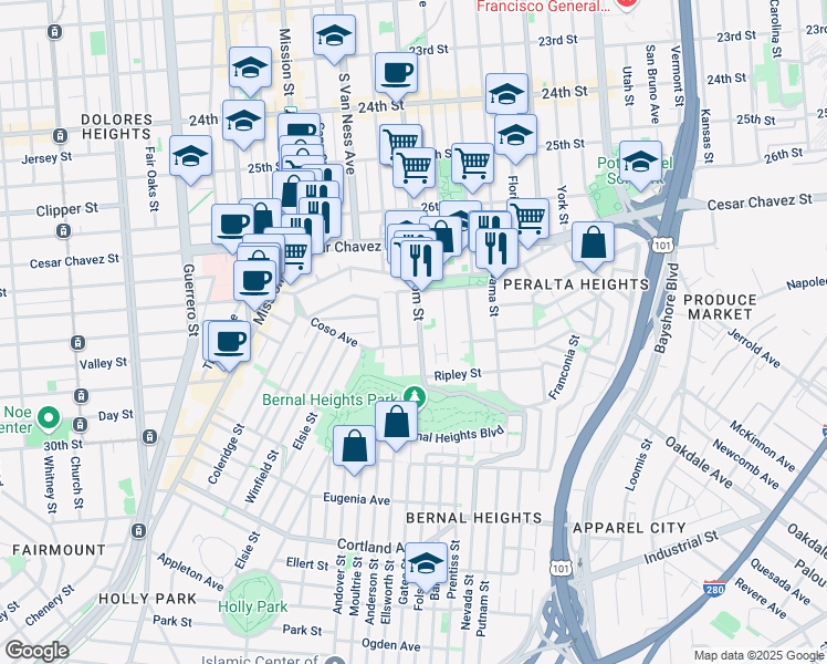map of restaurants, bars, coffee shops, grocery stores, and more near 3280 Folsom Street in San Francisco