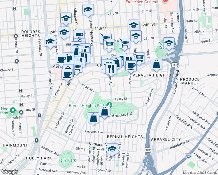 map of restaurants, bars, coffee shops, grocery stores, and more near 3280 Folsom Street in San Francisco