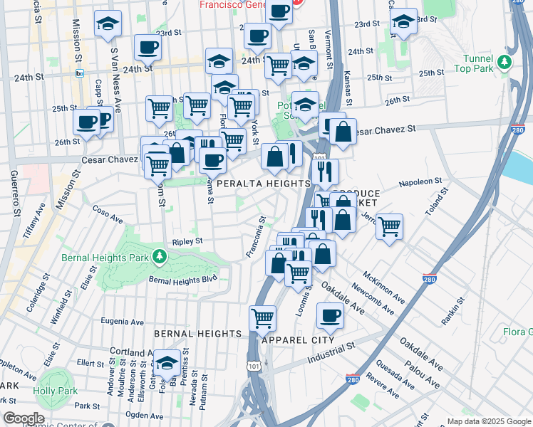 map of restaurants, bars, coffee shops, grocery stores, and more near 170 Rutledge Street in San Francisco