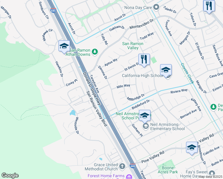 map of restaurants, bars, coffee shops, grocery stores, and more near Davona Drive & Milo Way in San Ramon