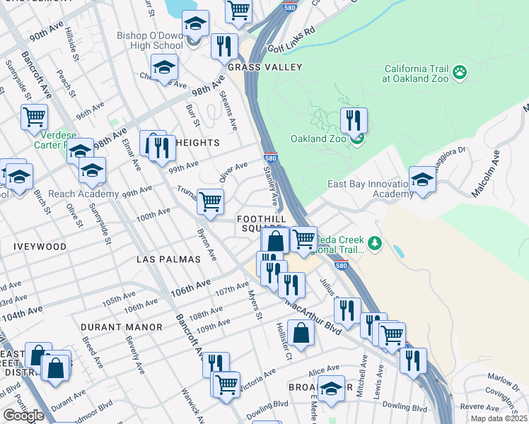 map of restaurants, bars, coffee shops, grocery stores, and more near in Oakland