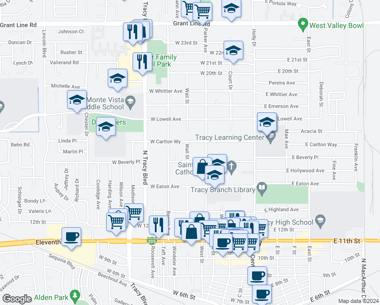 map of restaurants, bars, coffee shops, grocery stores, and more near 1524 Wall Street in Tracy