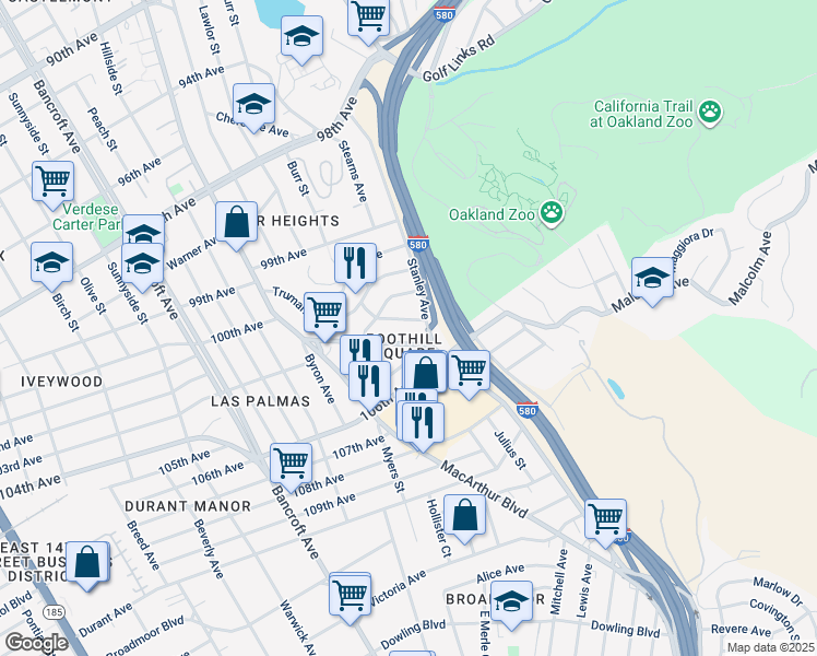 map of restaurants, bars, coffee shops, grocery stores, and more near 10401 Shaw Street in Oakland