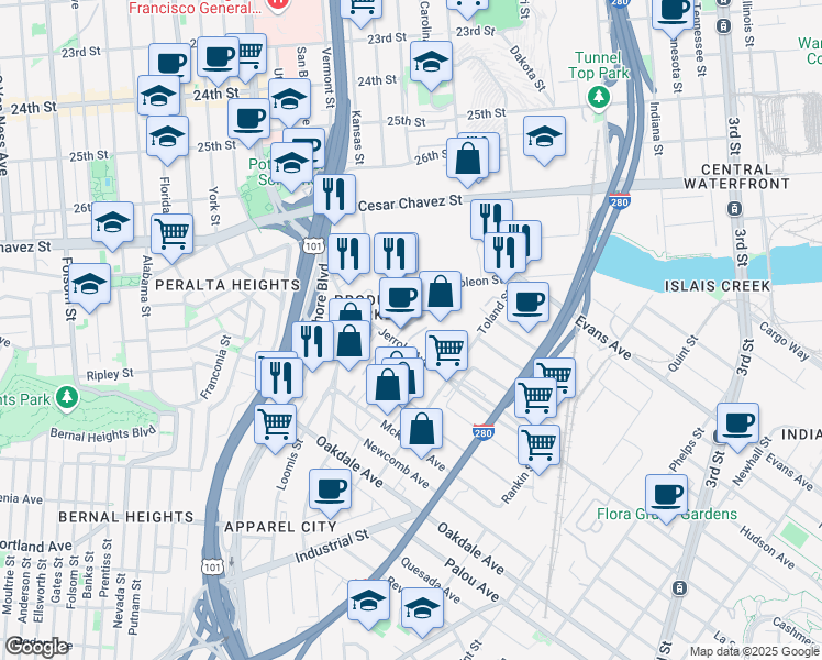 map of restaurants, bars, coffee shops, grocery stores, and more near 2248 Jerrold Avenue in San Francisco