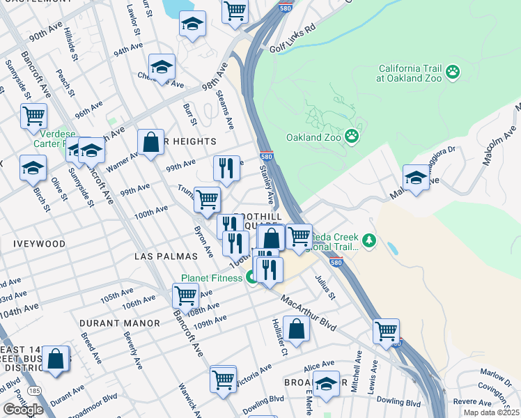 map of restaurants, bars, coffee shops, grocery stores, and more near 10420 Shaw Street in Oakland