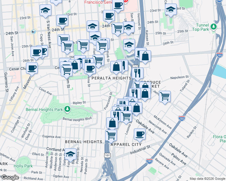 map of restaurants, bars, coffee shops, grocery stores, and more near 165 Montcalm Street in San Francisco