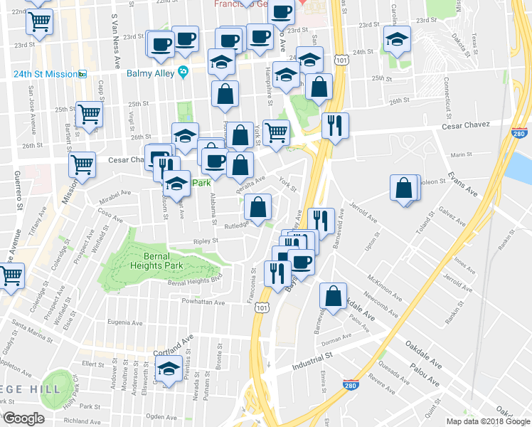 map of restaurants, bars, coffee shops, grocery stores, and more near 165 Montcalm Street in San Francisco