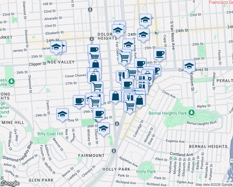 map of restaurants, bars, coffee shops, grocery stores, and more near in San Francisco