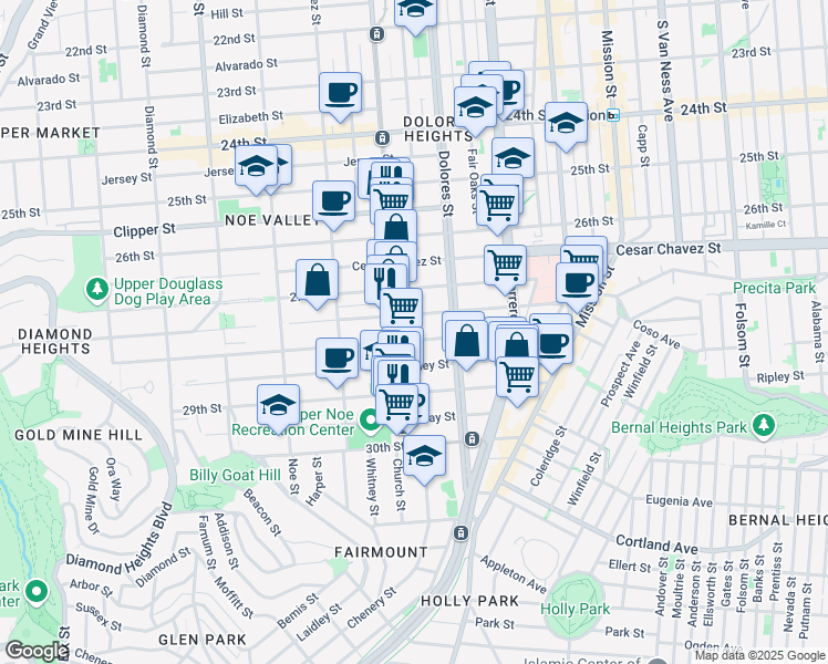 map of restaurants, bars, coffee shops, grocery stores, and more near 235 Duncan Street in San Francisco