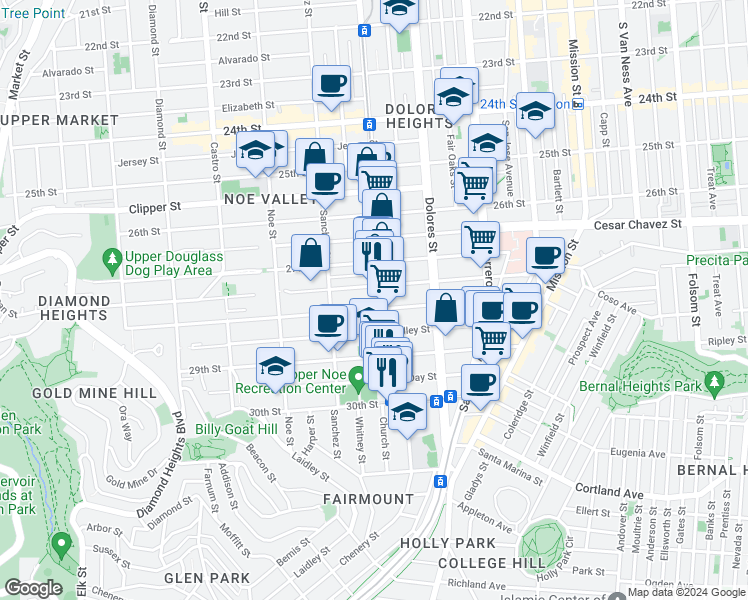 map of restaurants, bars, coffee shops, grocery stores, and more near 1550 Church Street in San Francisco