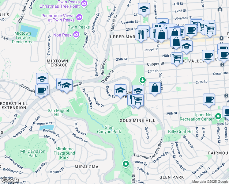 map of restaurants, bars, coffee shops, grocery stores, and more near 135 Red Rock Way in San Francisco