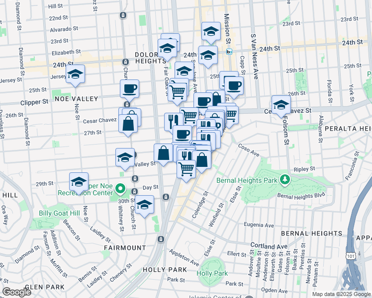 map of restaurants, bars, coffee shops, grocery stores, and more near Guerrero Street & 28th Street in San Francisco