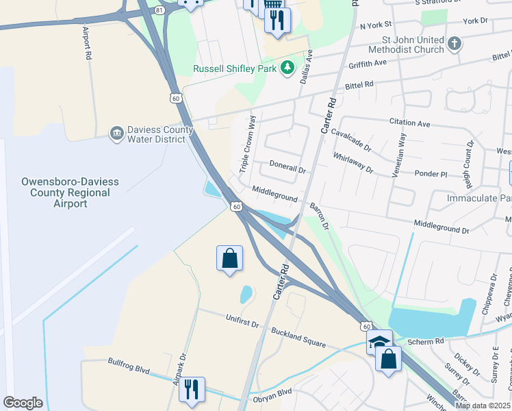 map of restaurants, bars, coffee shops, grocery stores, and more near 2611 Meridian Court in Owensboro