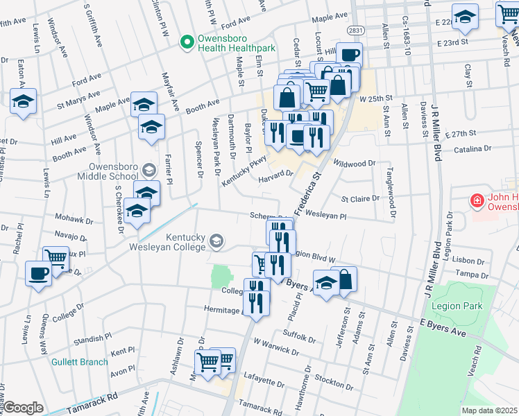map of restaurants, bars, coffee shops, grocery stores, and more near 725 Scherm Road in Owensboro
