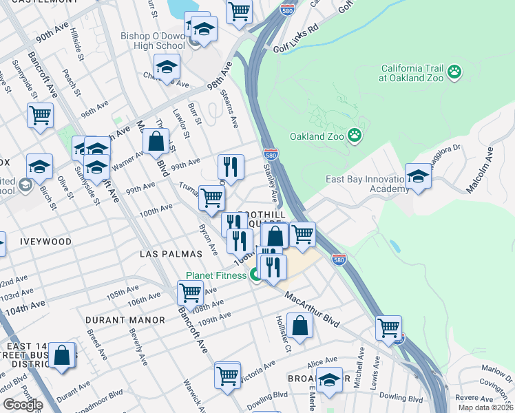 map of restaurants, bars, coffee shops, grocery stores, and more near 10401 Shaw Street in Oakland
