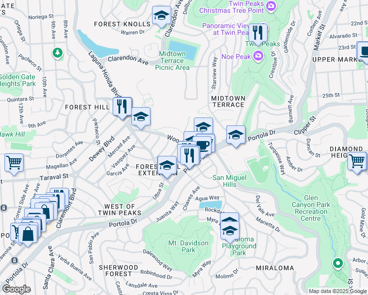 map of restaurants, bars, coffee shops, grocery stores, and more near 2 Ulloa Street in San Francisco