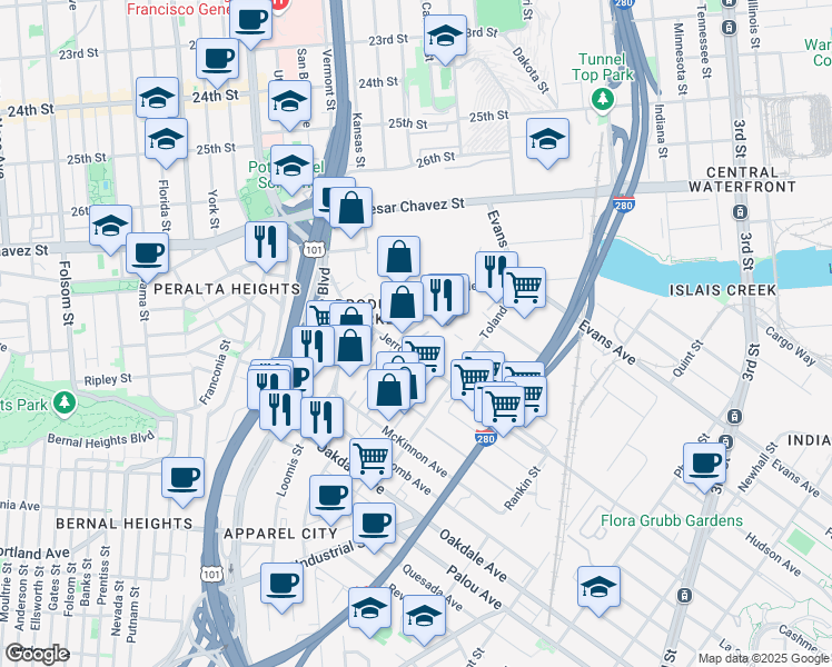 map of restaurants, bars, coffee shops, grocery stores, and more near 2248 Jerrold Avenue in San Francisco