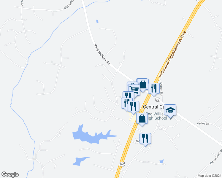 map of restaurants, bars, coffee shops, grocery stores, and more near 122 Central Parkway in Aylett
