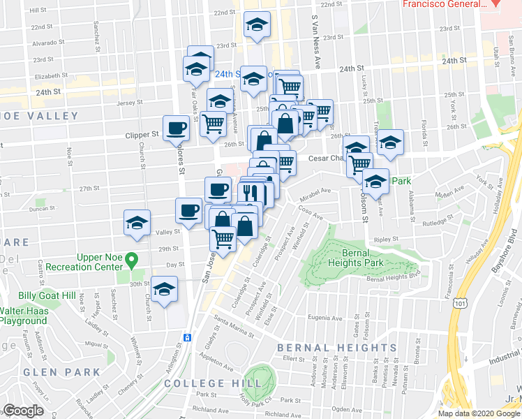 map of restaurants, bars, coffee shops, grocery stores, and more near Mission St & Fair Ave in San Francisco