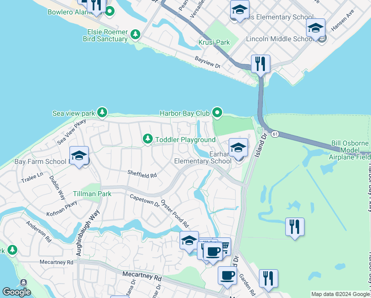 map of restaurants, bars, coffee shops, grocery stores, and more near 251 Riddell Lane in Alameda