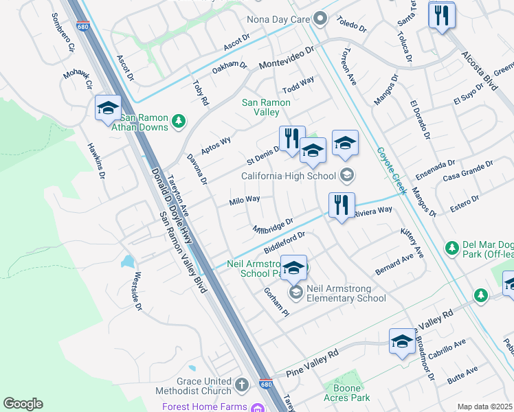 map of restaurants, bars, coffee shops, grocery stores, and more near 2885 Millbridge Place in San Ramon