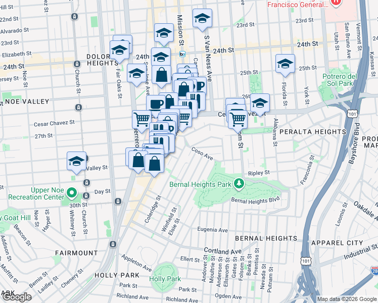 map of restaurants, bars, coffee shops, grocery stores, and more near 3 Coleridge Street in San Francisco
