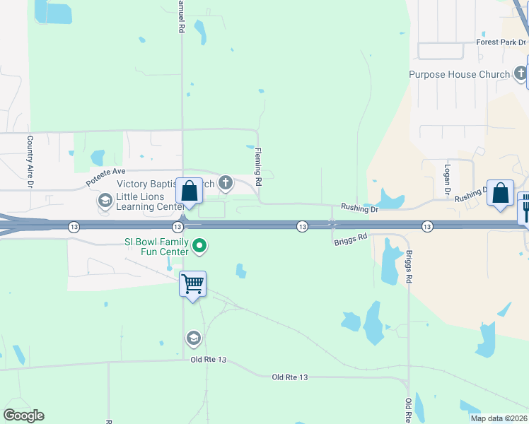 map of restaurants, bars, coffee shops, grocery stores, and more near 10419 Fleming Road in Carterville