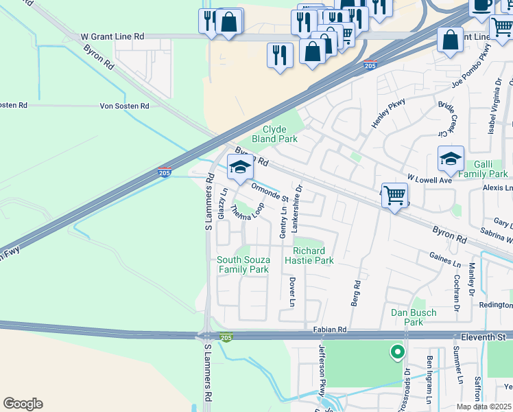 map of restaurants, bars, coffee shops, grocery stores, and more near 2024 Thelma Loop in Tracy