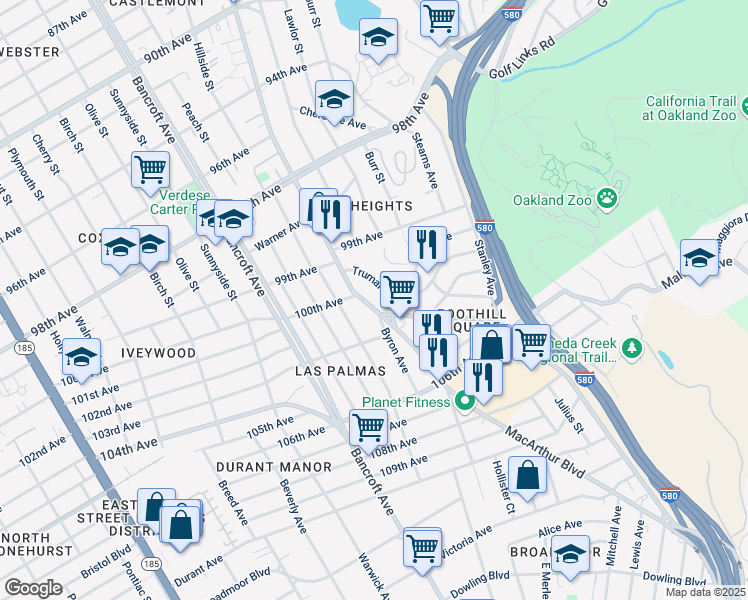 map of restaurants, bars, coffee shops, grocery stores, and more near 2530 Truman Avenue in Oakland