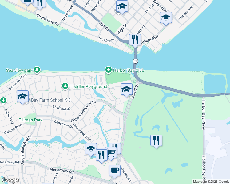 map of restaurants, bars, coffee shops, grocery stores, and more near 266 Centre Court in Alameda