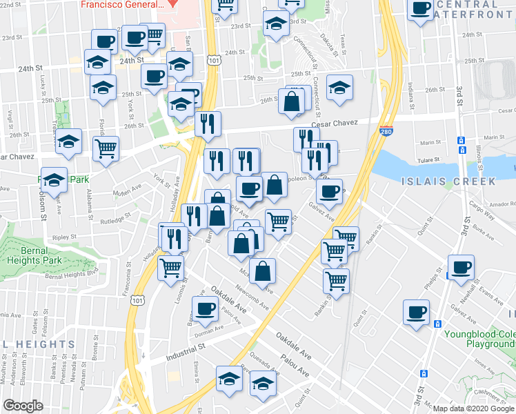map of restaurants, bars, coffee shops, grocery stores, and more near 2248 Jerrold Avenue in San Francisco