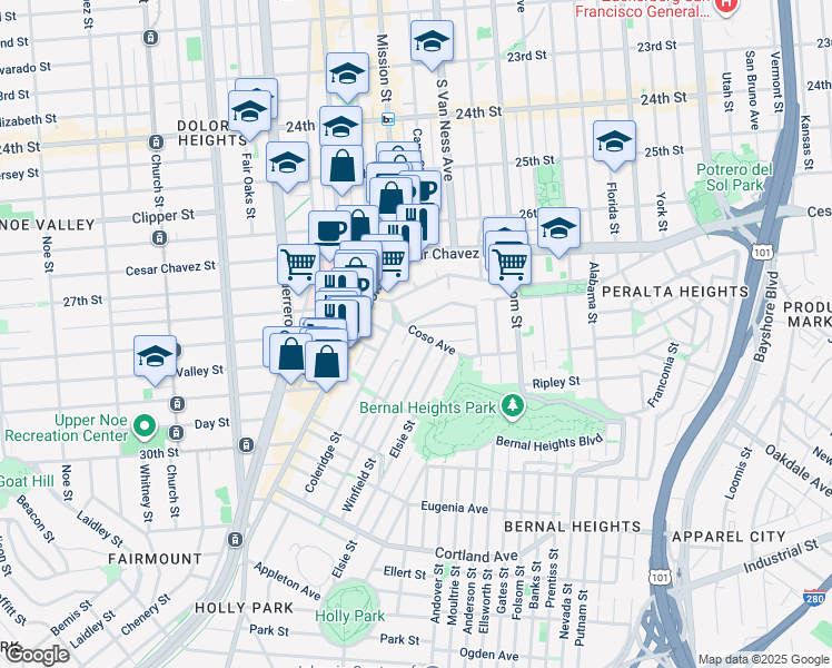 map of restaurants, bars, coffee shops, grocery stores, and more near 3 Coleridge Street in San Francisco