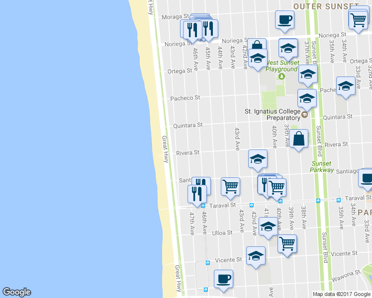 map of restaurants, bars, coffee shops, grocery stores, and more near 2171 47th Avenue in San Francisco