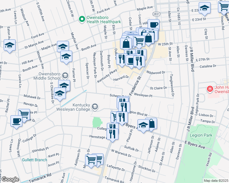 map of restaurants, bars, coffee shops, grocery stores, and more near 725 Scherm Road in Owensboro