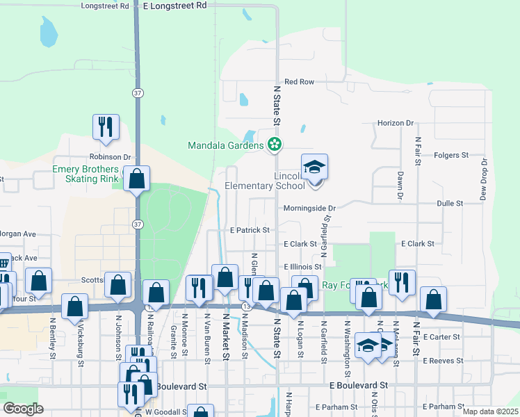 map of restaurants, bars, coffee shops, grocery stores, and more near 1514 North State Street in Marion