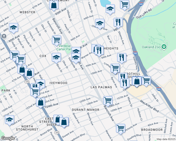 map of restaurants, bars, coffee shops, grocery stores, and more near 9937 Dante Avenue in Oakland