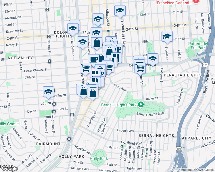 map of restaurants, bars, coffee shops, grocery stores, and more near 44 Powers Avenue in San Francisco