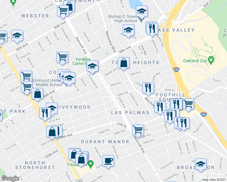 map of restaurants, bars, coffee shops, grocery stores, and more near 9937 Dante Avenue in Oakland