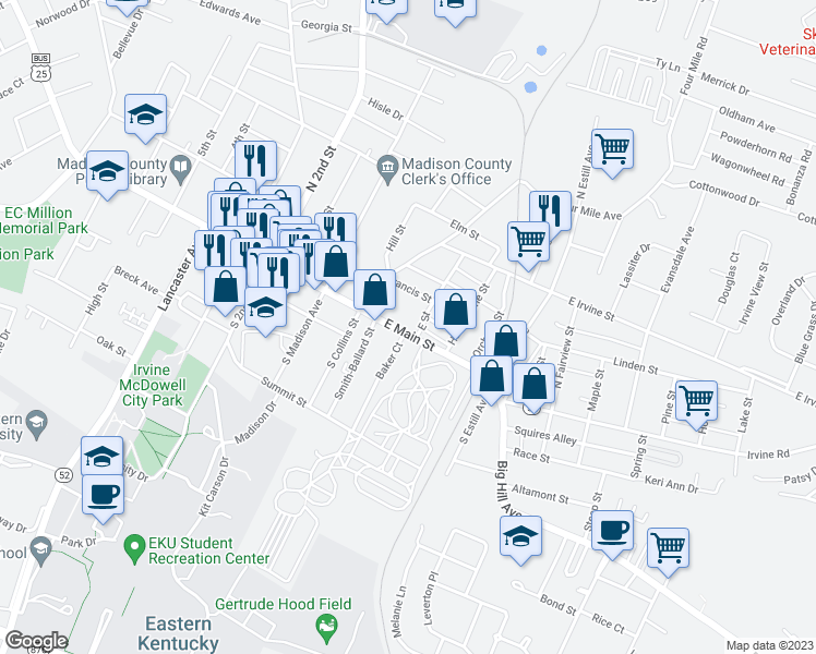map of restaurants, bars, coffee shops, grocery stores, and more near 455 East Main Street in Richmond