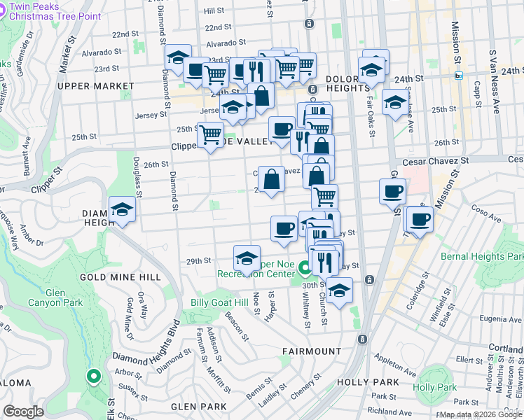 map of restaurants, bars, coffee shops, grocery stores, and more near 418A Duncan Street in San Francisco