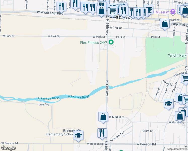map of restaurants, bars, coffee shops, grocery stores, and more near 1597-1999 Pheasant Street in Dodge City