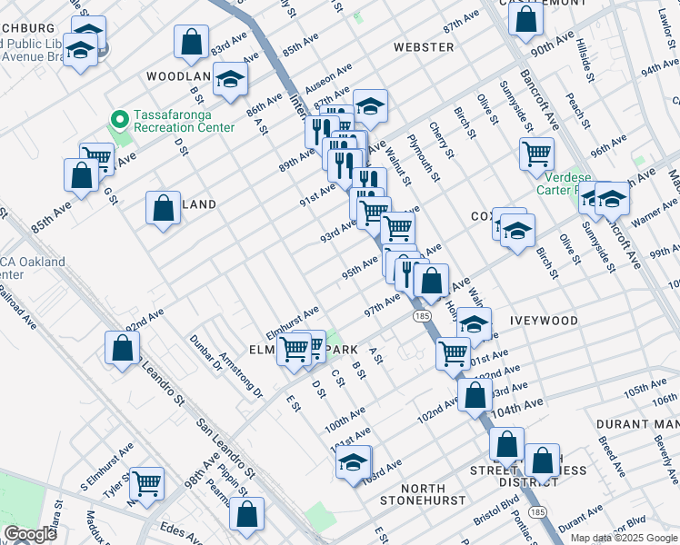 map of restaurants, bars, coffee shops, grocery stores, and more near 1250 94th Avenue in Oakland